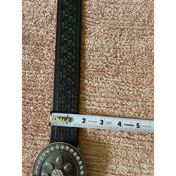 Cache Black Leather Belt L/XL Floral Buckle Italian Leather Canada - Picture 6 of 6